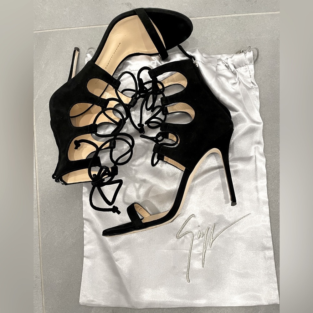 Guiseppe Zanotti black suede lace up suede stiletto sandals